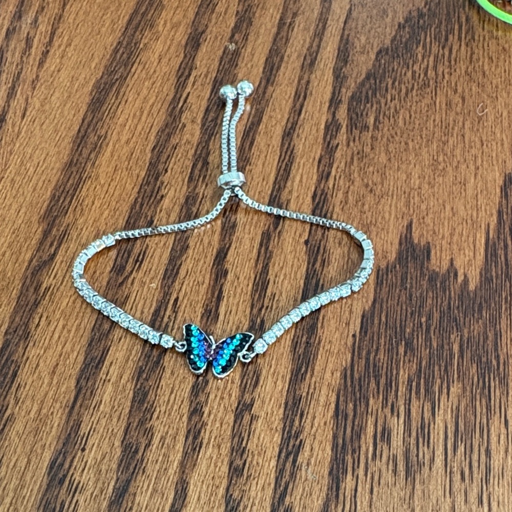 Silver Butterfly Adjustable Bracelet with Blue-Purple Stones